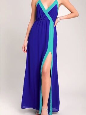 Lulu's Royal Blue Maxi Dress with Teal Trim and Side Slit, Size XL